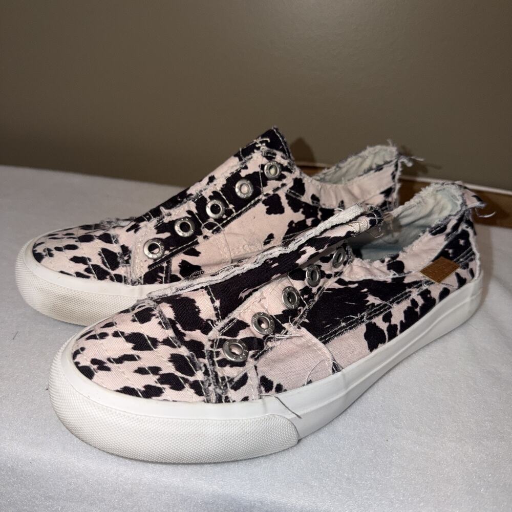Blowfish Animal Print Frayed Canvas Slip-On Flats Beige/Black for Women 8